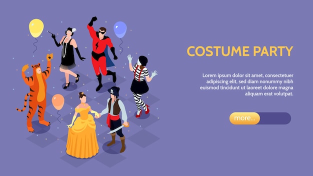 Free Vector isometric festive masquerade carnival horizontal banner with characters of party people in costumes