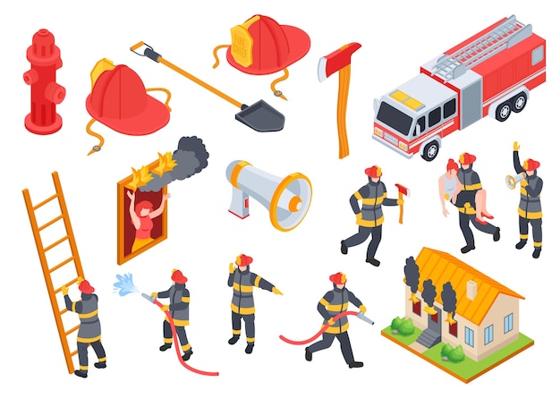 Free Vector isometric firefighter set of isolated icons with pieces of equipment firemen crew members and burning house vector illustration