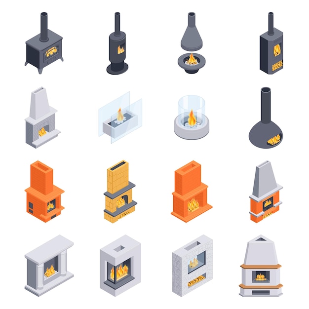 Free Vector isometric fireplaces set with isolated icons of different stoves with burning fire and various interior solutions vector illustration