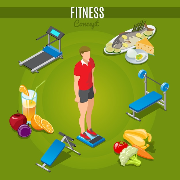 Isometric fitness concept with man standing on scales sport trainers healthy food and beverage isolated 