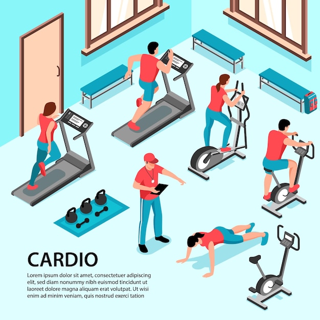 Free Vector isometric fitness sport indoor with view of workout room with human characters