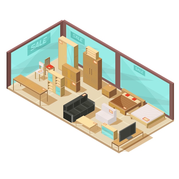 Free Vector isometric furniture store with glass walls and wall cabinets tables sofas and double beds