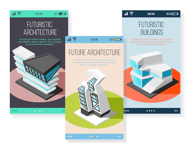 Free Vector isometric futuristic architecture buildings of future of various shape set of mobile screens