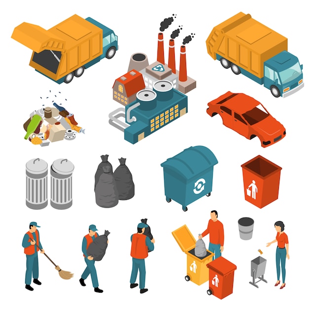 Isometric Garbage Recycling Icon Set