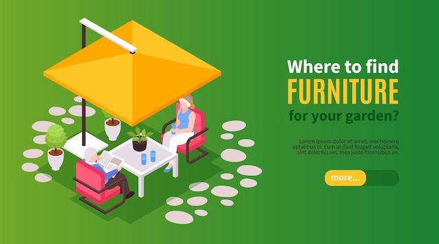 Isometric garden furniture horizontal banner with text slider button and elderly couple sitting under tent cap