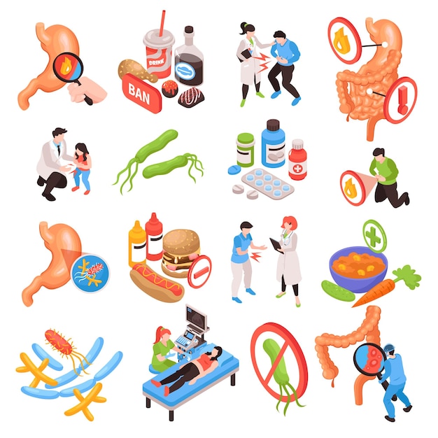 Free Vector isometric gastroenterology icons set with gastrointestinal tract organs treatment patients and doctors 3d isolated vector illustration