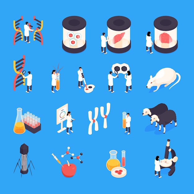 Free Vector isometric genetic engineering set with scientists and lab mouses isolated vector illustration