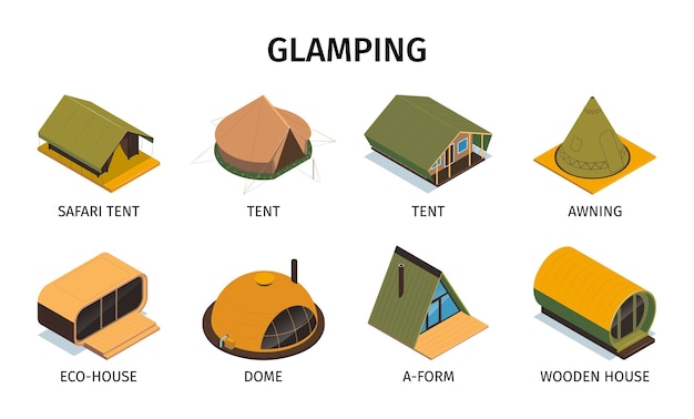 Free Vector isometric glamping set of isolated compositions with text captions and icons of dome tents eco houses vector illustration