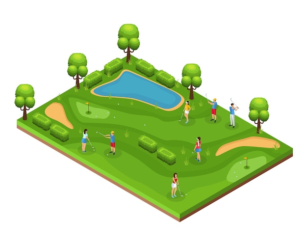 Isometric golf course concept with golfers playing on field flags holes green lawn trees and pond