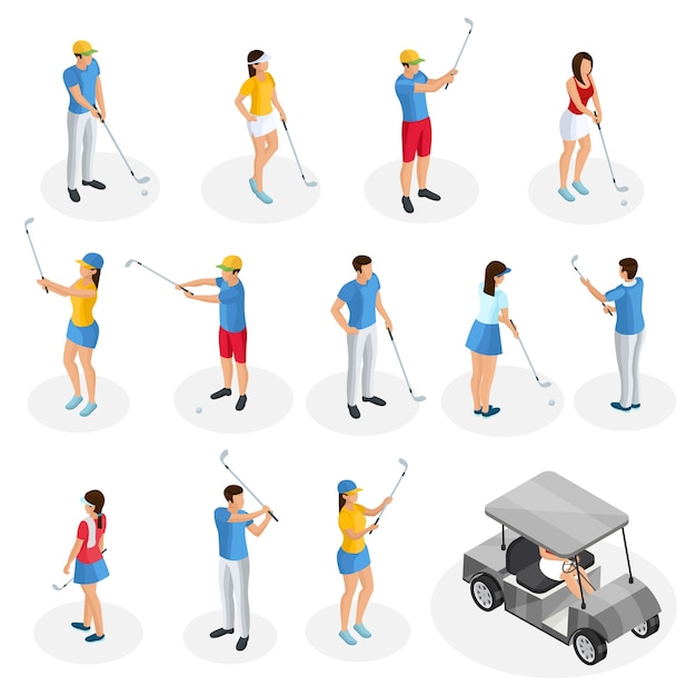 Free Vector isometric golf players collection with cart and golfers holding clubs in different poses isolated