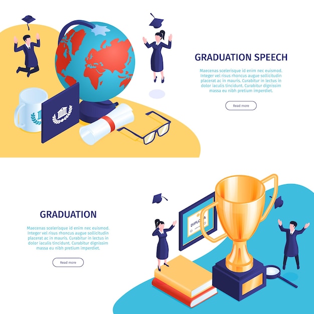 Isometric graduation web banners set with books and elements of workspace with editable text and clickable button