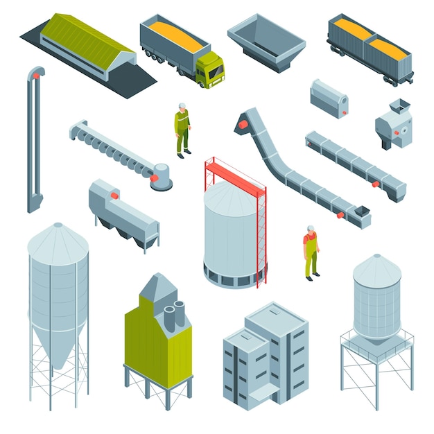 Free Vector isometric grain elevator set with isolated icons of factory appliances buildings with trucks and worker characters vector illustration