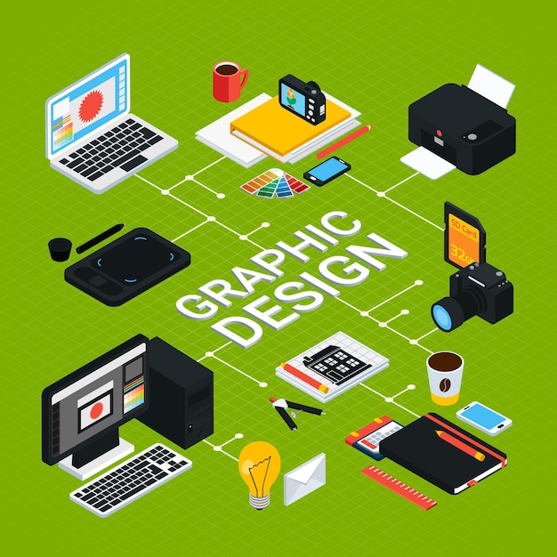 Isometric graphic  infographics with various objects for work such as computer swatches printer tablet pencil 3d