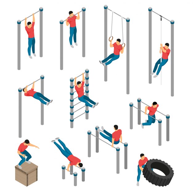 Isometric gym equipment workout set with images of gymnastic apparatus and male human character doing sports 