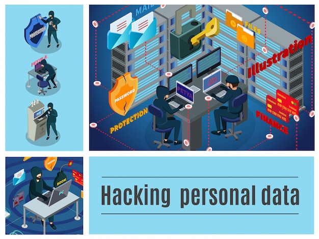 Isometric hacker activity colorful composition with computer servers mail atm datacenter hacking financial cyber crimes