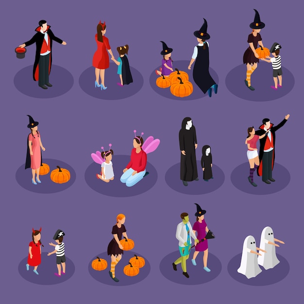 Free Vector isometric halloween holiday collection with people wearing hats and costumes of vampire witch ghost fairy devil isolated