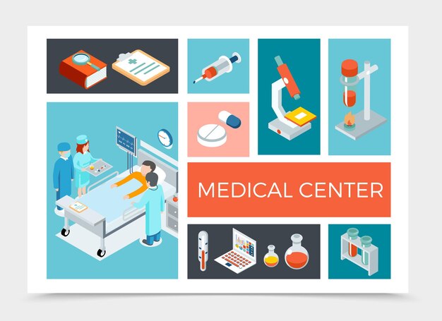 Isometric healthcare composition with doctors visiting patient illustration