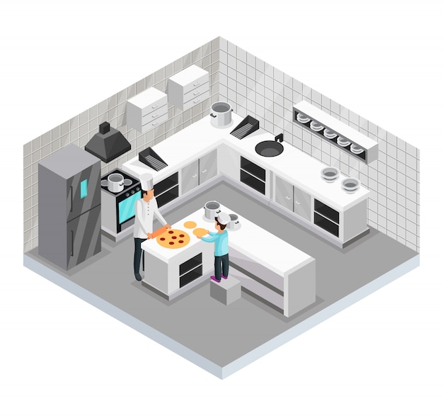 Free Vector isometric home cooking template of father preparing pizza with his son in kitchen isolated 