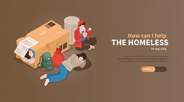 Free Vector isometric homeless people horizontal banner with view of people among cardboard boxes and waste with text vector illustration