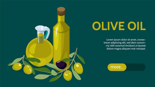 Free Vector isometric horizontal banner with glass bottle and jug of olive oil and tree branches on colored background 3d vector illustration