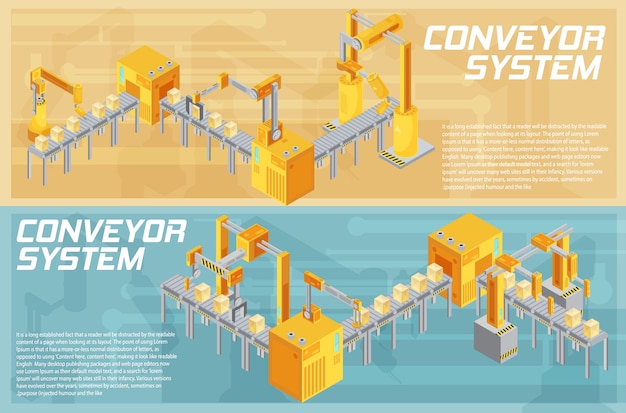 Free vector isometric horizontal banners with conveyor system including welding and packaging on textured background isolated vector illustration