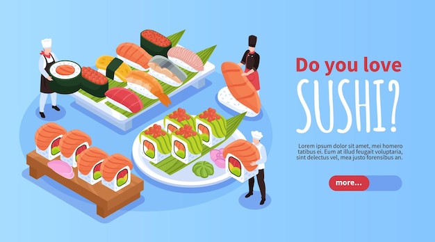 Free Vector isometric horizontal website blue background banner with sushi and maki served on trays and plate 3d vector illustration