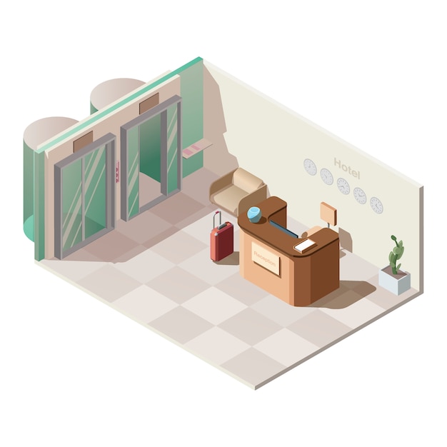 Isometric hotel reception hall interior