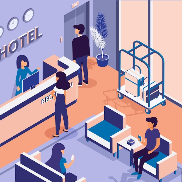 Isometric hotel reception illustrated