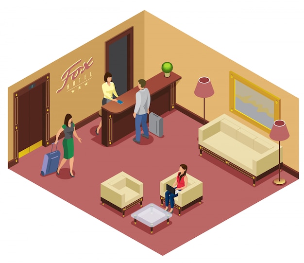 Isometric hotel reception template with receptionist visitors sofa chairs table elevator lamps