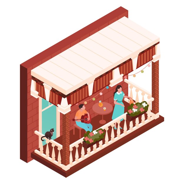 Isometric house facade composition with isolated view of classic balcony with man and woman watering flowers vector illustration