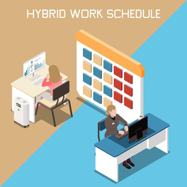 Free Vector isometric hybrid work flexible schedule concept with two employees working on computers and calendar 3d vector illustration