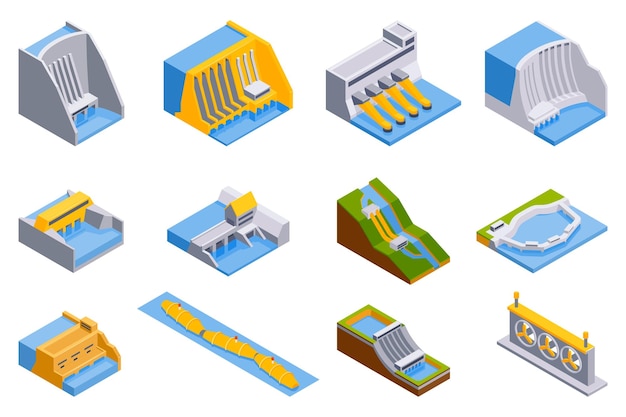 Free Vector isometric hydroelectric power station set of isolated icons with various industrial factory buildings on blank background vector illustration