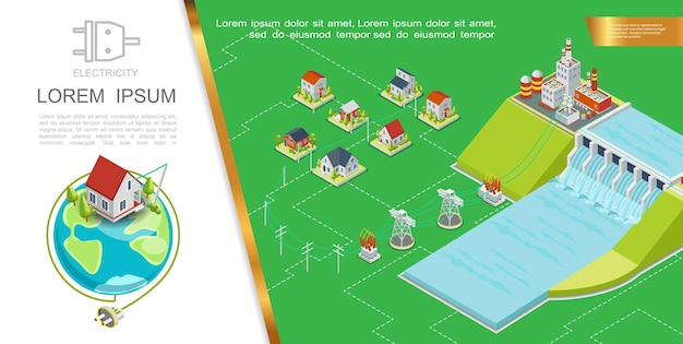 Isometric hydroelectricity concept with hydroelectric power station transmission towers electric transformers houses earth planet electrical plug  illustration