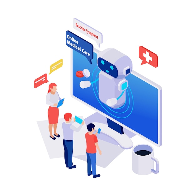 Isometric icon with online medical care service chatbot talking to people 3d