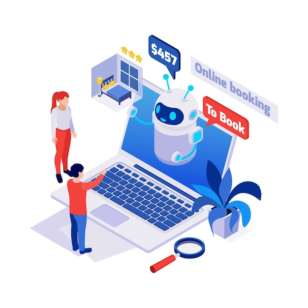 Free Vector isometric icon with people talking to chatbot on booking website 3d