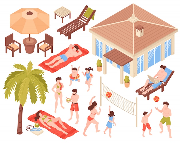 Isometric icons beach house tropic holidays people set with isolated human characters house and tropical plants images vector illustration