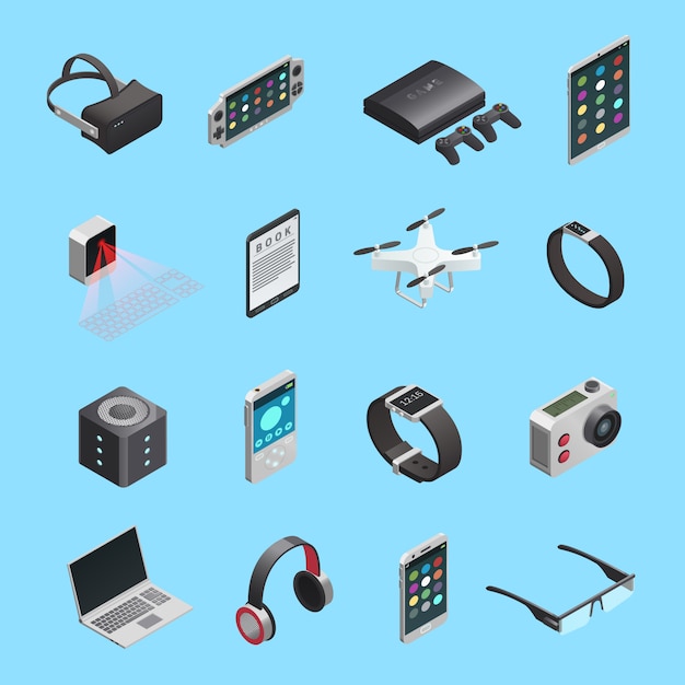 Free Vector isometric icons set of different electronic gadgets for communication playing music photo and other 