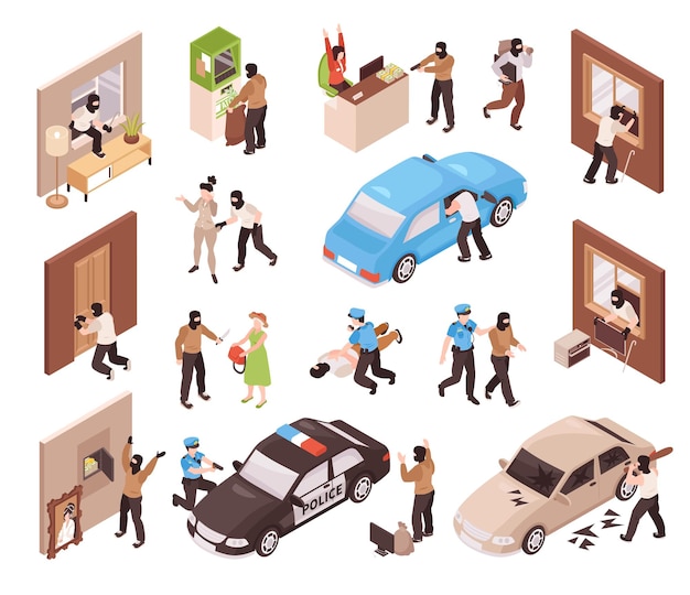 Free vector isometric icons set with criminal police burglar and robbery scenes isolated vector illustration