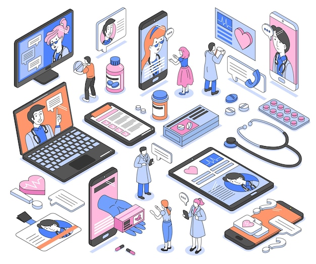 Isometric icons set with doctors consulting patients and prescribing medicine online 3d isolated vector illustration