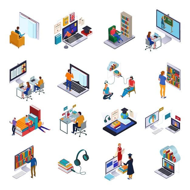 Isometric icons set with people and various devices for reading and studying in online library 3d isolated