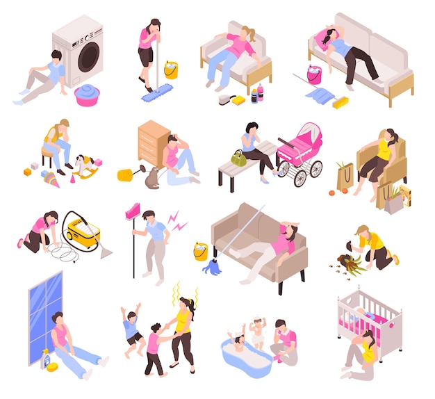 Free Vector isometric icons set on women tired of housework isolated vector illustration