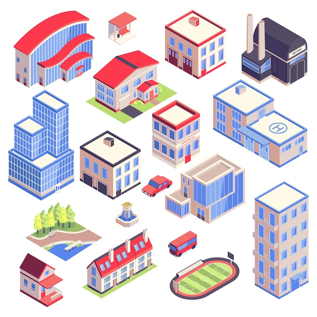 Isometric icons urban transport  architecture environment set  with isolated images of modern city buildings with different functions vector illustration