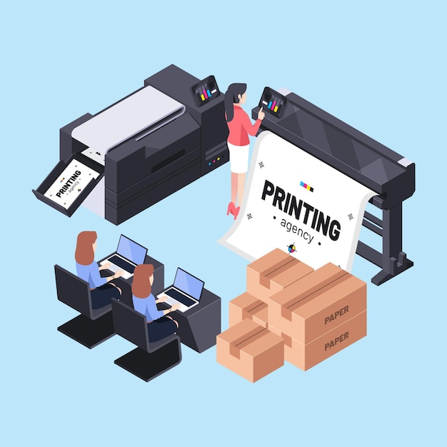 Isometric illustration printing industry