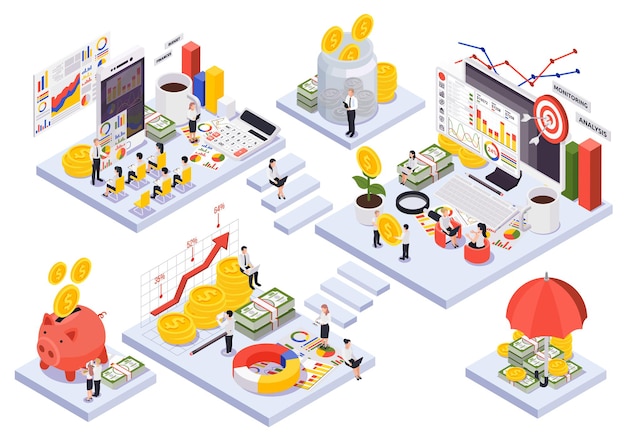 Isometric illustration of wealth management themes