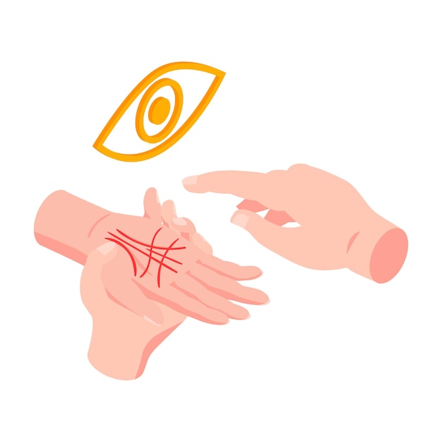 Isometric illustration with palm reader hands telling fortune 3d