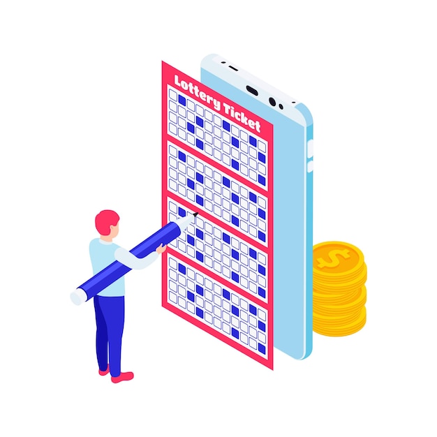 Isometric illustration with smartphone coins and character filling out lottery ticket 3d