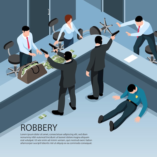 Free Vector isometric indoor scenery of robbery with guns illustration