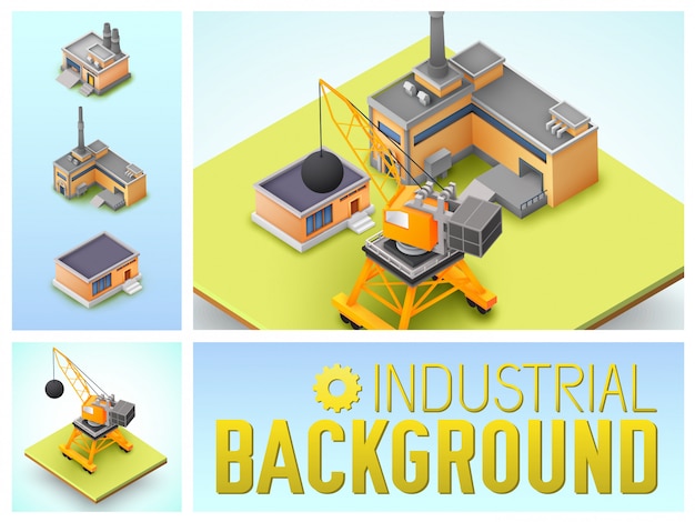 Isometric industrial area colorful composition with construction crane factory and warehouse buildings isolated