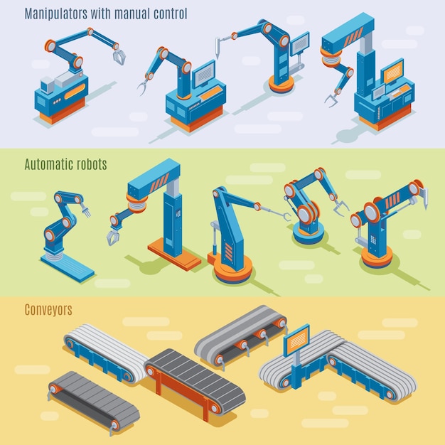 Isometric industrial automated factory horizontal banners with manipulators robotic arms and assembly line parts