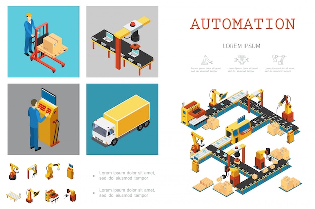 Free Vector isometric industrial factory template with automated assembly line workers and mechanical robotic arms